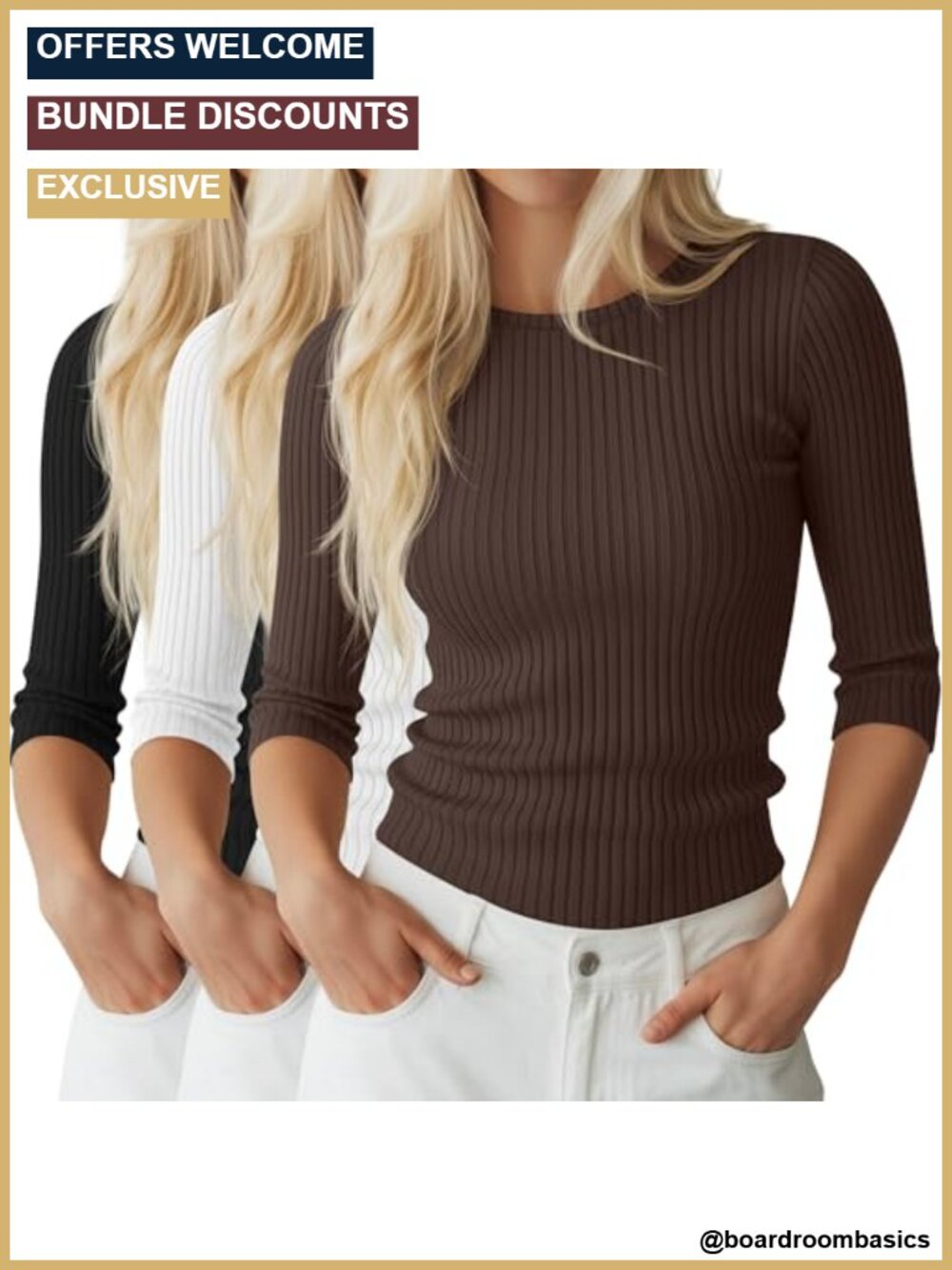 3/4 Sleeve Ribbed Knit Slim Fit Cotton Undershirt Layering Tee